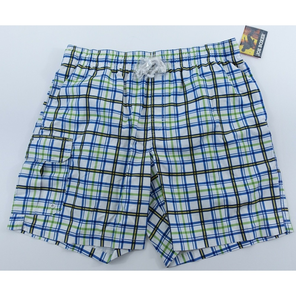 Joe Boxer Swim Shorts Trunks Men XXL Plaid White Brief Mesh Lining Pockets